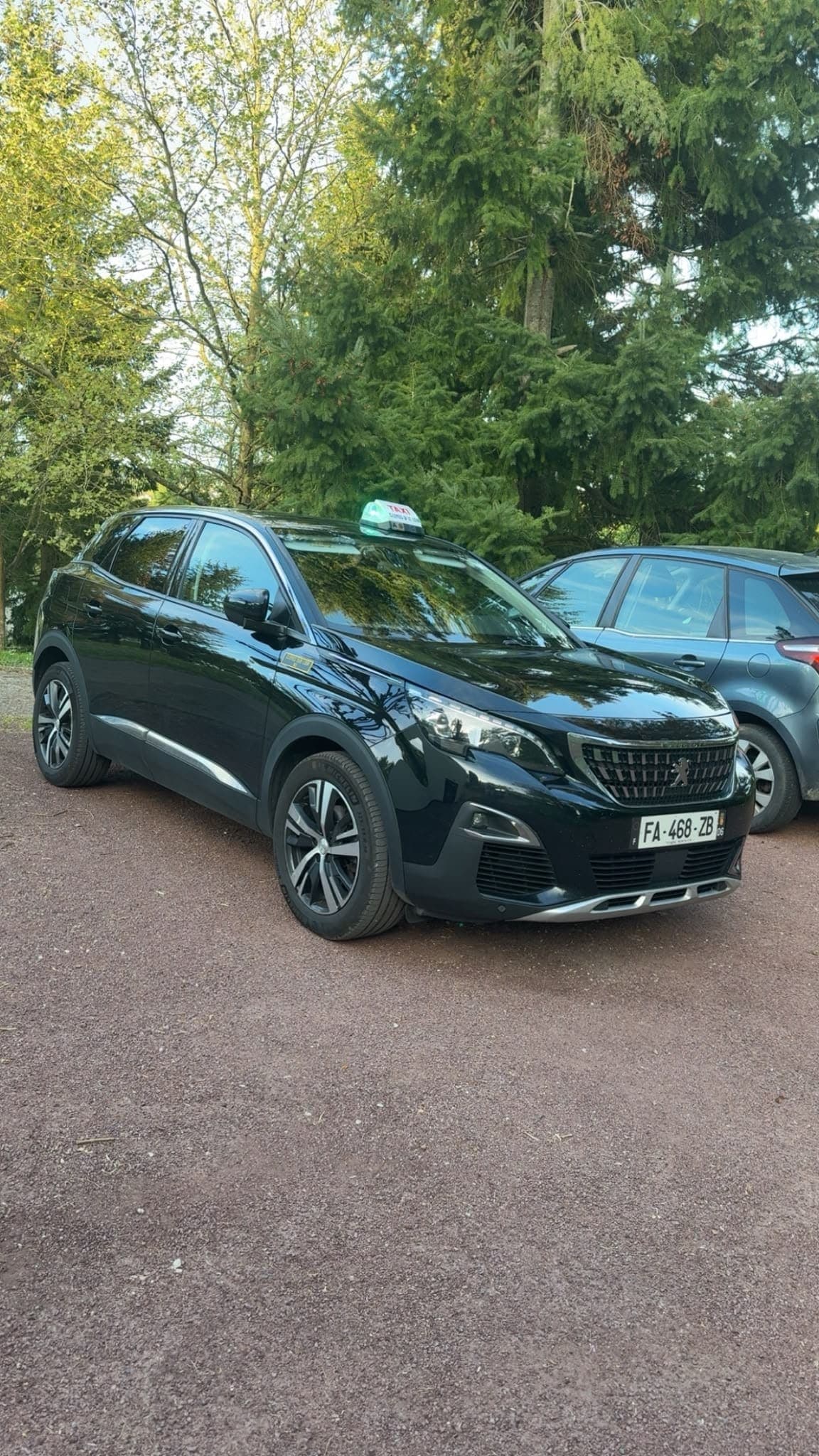 Le taxi TSM, Peugeot 3008 noir, à l'arrêt en pleine nature
